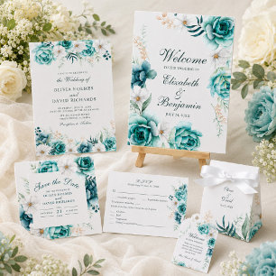 Convite de Casamento Flor Silvestre Azul-verde   J