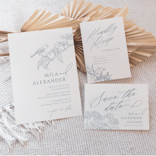 Convites Dusty Blue Vintage Floral Songbird Wedding