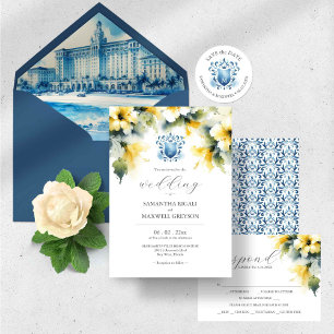 Convites Monograma Casamento Azul e Amarelo