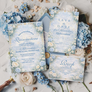 Cartão RSVP Quinceañera Floral Azul Dourado Jardim