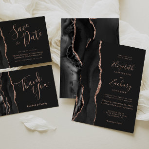 Cartão RSVP Casamento Chic Preto com Ouro Rosa Ágata Escura