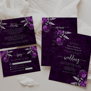 Cartão De Informações Resposta de Casamento em Roxo Ameixa Prata Floral 