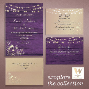 Convites Roxo Rustic Wood String Lights Casamento Código QR