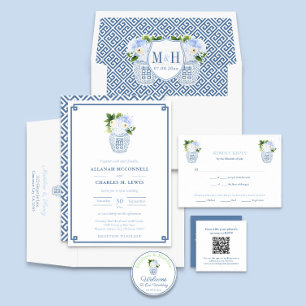 Convites Casamento de Jar de Gengibre Azul Floral e Branco