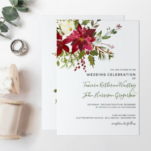 Convites Foto Red Poinsettia Greenery Casamento de Natal