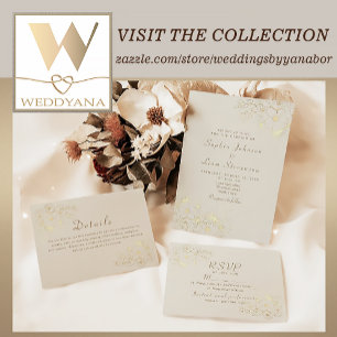 Convites Casamento Floral Vintage Marfim e Dourado