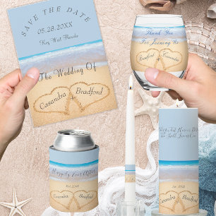 Cartão Postal Chic Dusty Blue Hearts Sand Beach Wedding RSVP