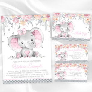 Convites Chuva de Bebê Menina Elefante Rosa Cinza Diamante