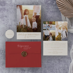 Cartão De Festividades Chic Moderno   Dourado Ano de Foto de Natal em Rev