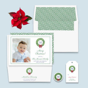 Cartão De Festividades Clássico Boxwood Wreath Red Green Feliz Natal