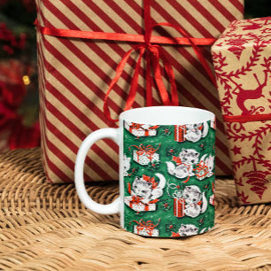 Cartão Postal De Festividades Padrão de Natais vintages verdes 50 com gatinhos