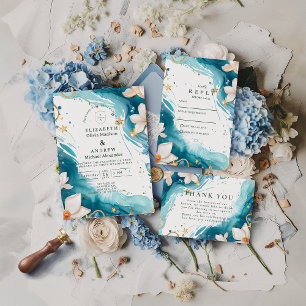 Cartão De Agradecimento Casamento com Aquarela de Conchas de Mar Costeiro 