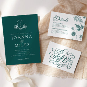 Convites Vintage Botanical Monogram Jade Wedding Invitation