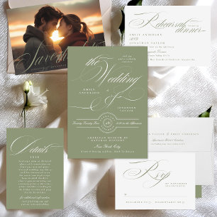 Cartão RSVP Caligrafia Elegante Tradicional Sage Casamento Ver