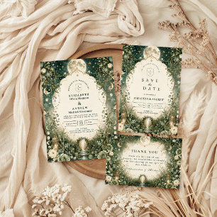Cartão De Agradecimento Casamento Celestial Verde Elegante