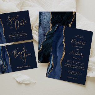 Cartão RSVP de Casamento de Agato Dourado Azul do 