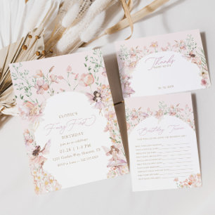 Convites Fada 1rua Pink Floral Girls Aniversário