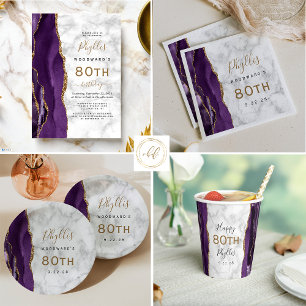 Convites Festa de aniversário de 80 de mármore Dourado roxo