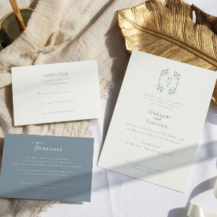 Convites Casamento Azul Pó-Pato-Floral do Monograma Elegant