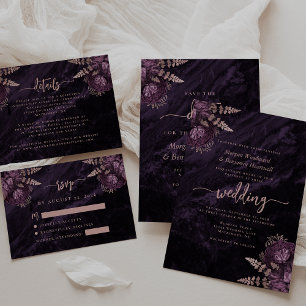 Cartão De Informações Rosa de Ouro Roxo Floral Ágata Casamento RSVP