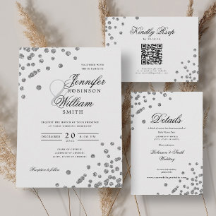 Convites Silver Confetti QR RSVP de Casamento de Script Ele
