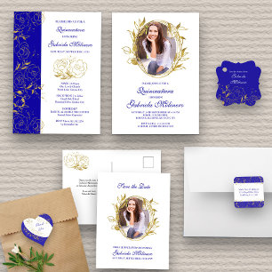 Convites Elegante Royal Blue e Dourada Photo Quinceanera