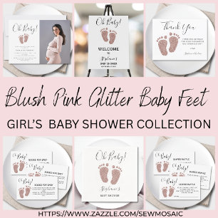 Cartão De Informações Blush PInk Glitter Baby Feet Books Para Chá de fra