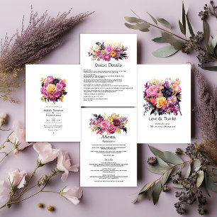 Convites Casamento Floral, Rosa, Roxo, Preto e Dourado