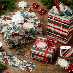 Papel De Presente Botas e Laços de Natal Vintage do Papai Noel