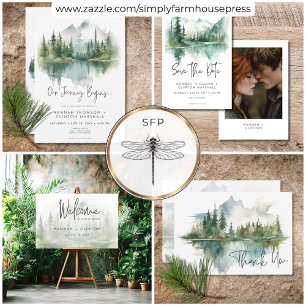 Convites Casamento por Aquarela Rustic Mountain Lake Scene