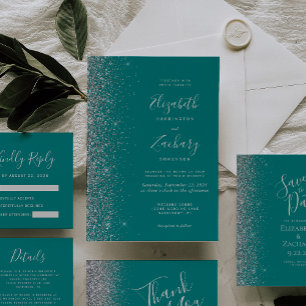 Cartão Casamento Azul De Teal De Borda Lata De Prata Obri