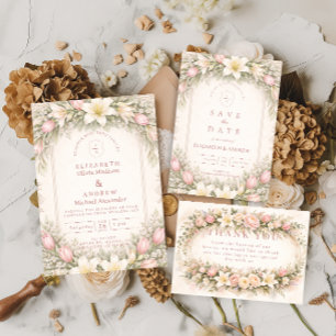 Convites Casamento no Jardim de Tulipas e Lírios Rosa