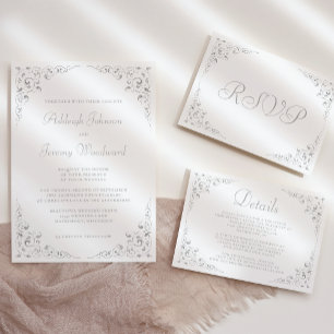 Convites Elegante Quadro Botânico de Letra Prata Casamento