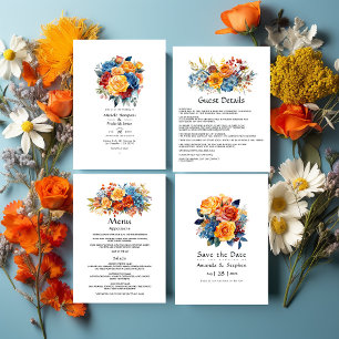 Convites Casamento Floral Azul, Laranja, Amarelo e Vermelho