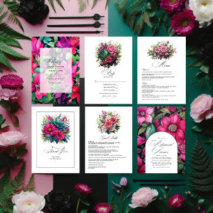 Cartão De Agradecimento Fuchsia Elegante e Casamento Verde Emerald