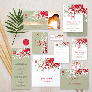 Convites Red & Moss Bamboo deixa casamento duplo Xi chinês