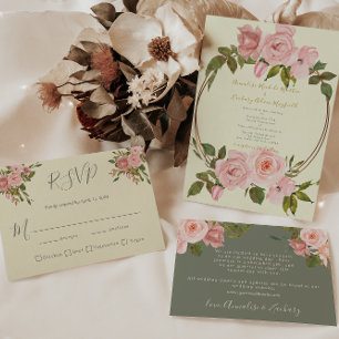 Cartão RSVP Casamento Floral Cor-de-rosa-rosa-esmagamento Verd