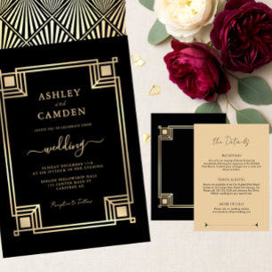 Convites Casamento Preto com Moldura Dourada Elegante Art D