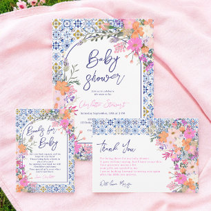 Cartão De Agradecimento Azulejos azuis italianos chá de fraldas aquoso