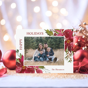 Cartão Postal Watercolor Red Poinsettia Casou com Felicidade Nat