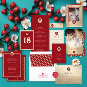 Cartão RSVP Casamento Chinês Chinês de Dupla Felicidade em Cír