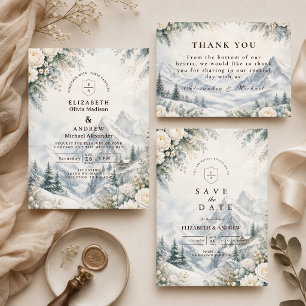 Cartão RSVP Casamento Romântico de Inverno na Montanha