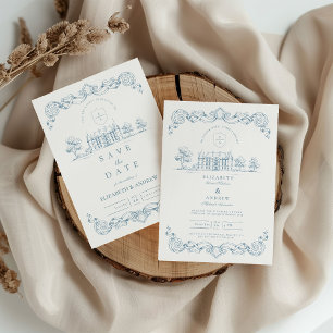 Cartão RSVP Casamento Barroco Chateau Azul Empoeirado