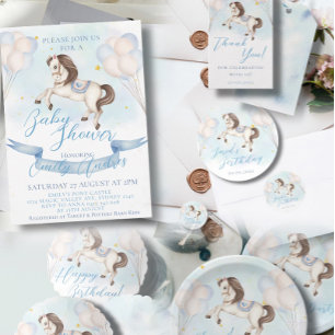 Cartão De Informações Chá de fraldas Fairytale Pony Stars Balões Azuis