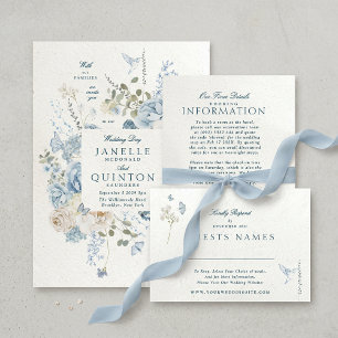 Convites Casamento de Papel Falso de Florais Azul Elegante