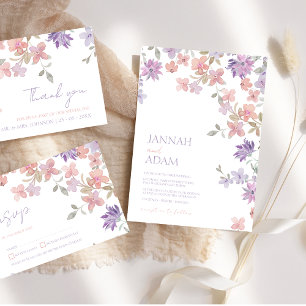 Convites Casamento de Flor Selvagem Rosa-Lavanda Elegante