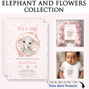 Convites Chá de fraldas de Elefante Rosa e Flores