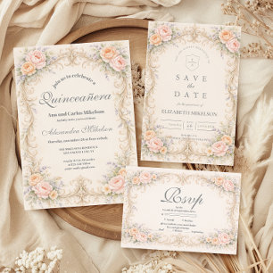 Cartão RSVP Blush Peach Barroco Quinze Anos