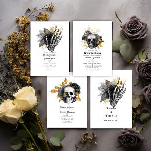 Convites Código QR de Casamento Gótico Floral Preto e Doura