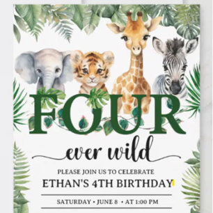 Convites Quatro Selvagens Safari Animais da Selva Aniversár